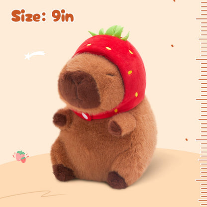 Athionsu 9’’ Capybara Plush with Strawberry Hood Cute Kawaii Soft Stuffed Animal Toy Cozy Plush Pillow for Toddler Kids Boys Girls