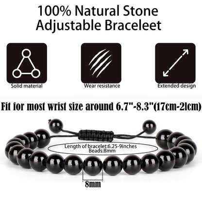 QOGIR Handmade Healing Stones Bracelet,8mm Natural Black Tourmaline Gemstone Beads Bracelet,for Men Women Gifts with 2PCS Size Adjustable Rope Bracelets