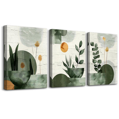 TTHYUEWS Boho Wall Art For Bedroom Canvas Wall Decor For Living Room Office Abstract Decorations Plant Wall Paintings Geometry Pictures Artwork Modern Bathroom Home Decor Ready To Hang 3 Piece