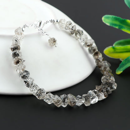 CRYSTALINES Natural Raw Black Herkimer Diamond Quartz Gemstone Bracelets, Rough Quartz Stones Dainty Handmade Boho Bracelet, Healing Crystals Silver Plated Jewelry, Christmas Gift