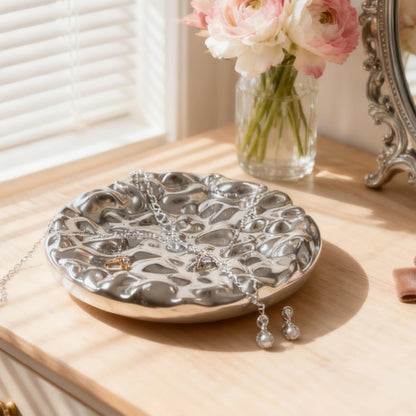 Ferrisland Jewelry Dish Tray, Ring Dish, Ceramic Trinket Tray, Key Bowl, Decorative Plate, for Friends Sisters Daughter Mother (Silver, Wave)