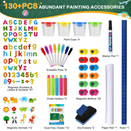 Easel for Kids,3 in 1 Adjustable Kids Art Drawing Easel Set,130+ Art Supplies,Wooden Double Sided Magnetic Chalkboard and White Board with Paper Roll,Painting for Aged 2-4,5-7,8-12