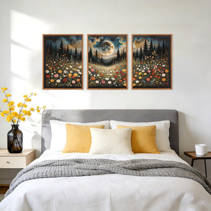 HPINUB Wildflower Moon Forest Framed Canvas Wall Art Set,Nature Pine Tree Wall Decor,Mystical Starry Night Artwork Rustic Mountain Landscape Art Print For Living Room,Bedroom(Set of 3,12X16 Inch)
