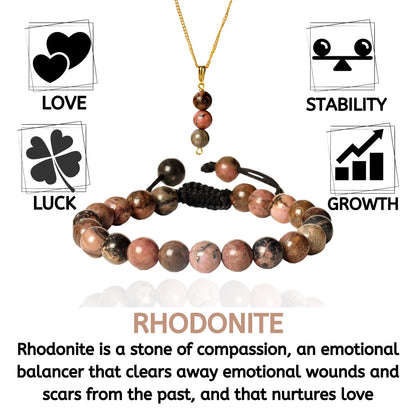 Rhodonite Bracelet & Pendant necklace - Natural Rhodonite Stone jewlery set handcrafted with 8 mm Beads, For Self-love and Self-acceptance - Free Size Unisex Adult