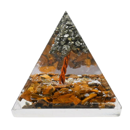 Amazing Gemstone Tiger Eye with Pyrite Tree Orgone Pyramid - 30mm Small Orgonite Pyramids with Crystals and Healing Stones - Authentic Organite Gifts