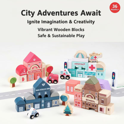 Migargle Wooden Building Blocks Set, 115 Pcs City Construction Stacker Stacking Preschool Learning Educational Toys, Toddler Toys for 3+ Year Old Boy and Girl Gifts