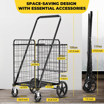 XING LANG 5.0 Cu Ft Folding Shopping Cart - 480 LB Capacity Grocery Cart with 360° Braked Swivel Wheels - Heavy Duty Utility Cart with Double Basket & Removable Waterproof Liner with Lid for Laundry