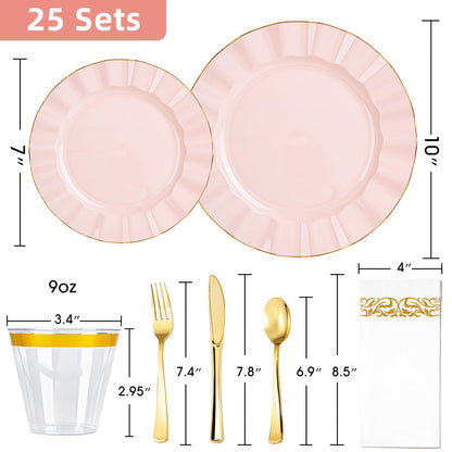 QualQuot 175PCS Gold and Pink Plastic Dinnerware Set, Plastic Party Plates for 25 Guests, 50 Disposable Plates, 25 Heavy Duty Silverware, 25 Cups, 25 Napkins for Mother's Day, Party and Wedding