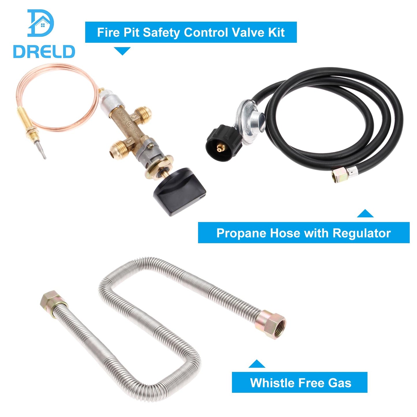 DRELD Propane Gas Fire Pit Fireplace Valve Control System Kit Assembly - Flame Failure Control Valve, Whistle Free Gas, LP Propane Hose with Regulator (Max 50,000 BTU)