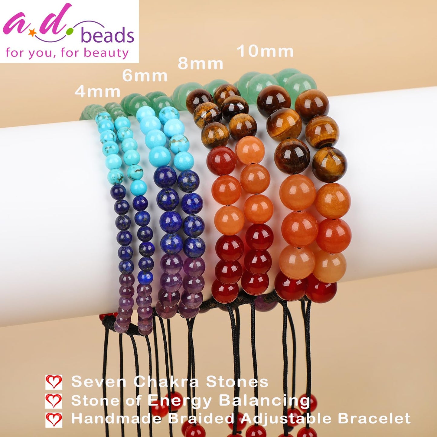 AD Beads 6mm Seven Chakra - Energy Balancing - Handmade Natural Stone Crystal Bracelet with Adjustable Macrame String - Yoga Healing Power Energy Gifts for Men and Women