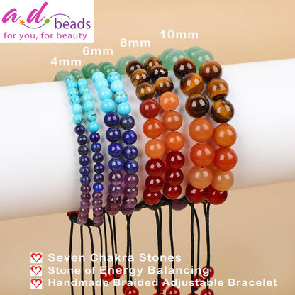 AD Beads 6mm Seven Chakra - Energy Balancing - Handmade Natural Stone Crystal Bracelet with Adjustable Macrame String - Yoga Healing Power Energy Gifts for Men and Women