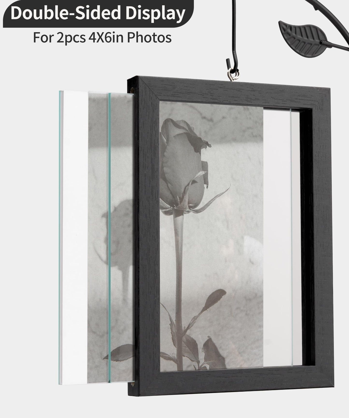 Afuly 4x6 Picture Frame Black with Metal Stand Glass Vase, Double Sided Glass Photo Frames, Wood Picture Frames Desk Modern Home Decor Anniversary wedding Gift for Couple Grandma Mom