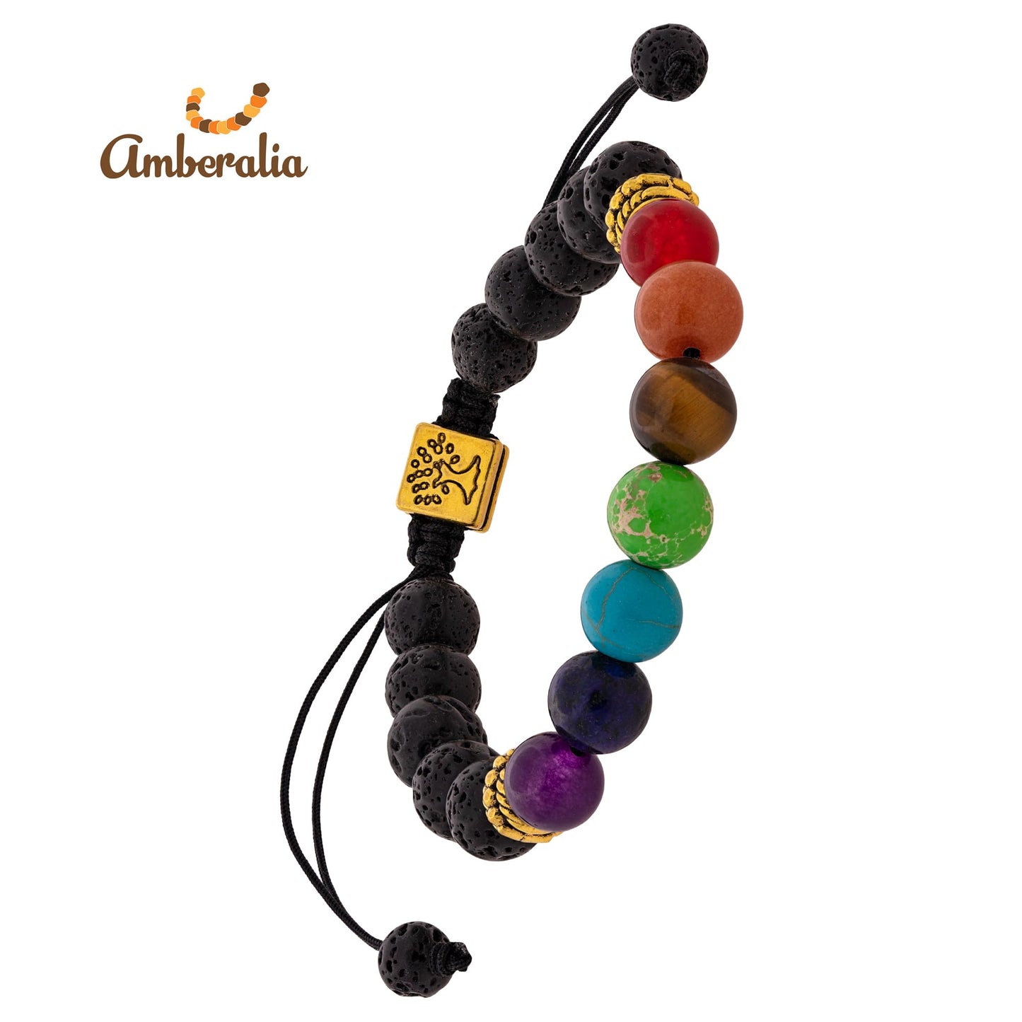 Amberalia Chakra Bracelet, Adjustable, Lava Stone Beads, Tree of Life Charm, Gold