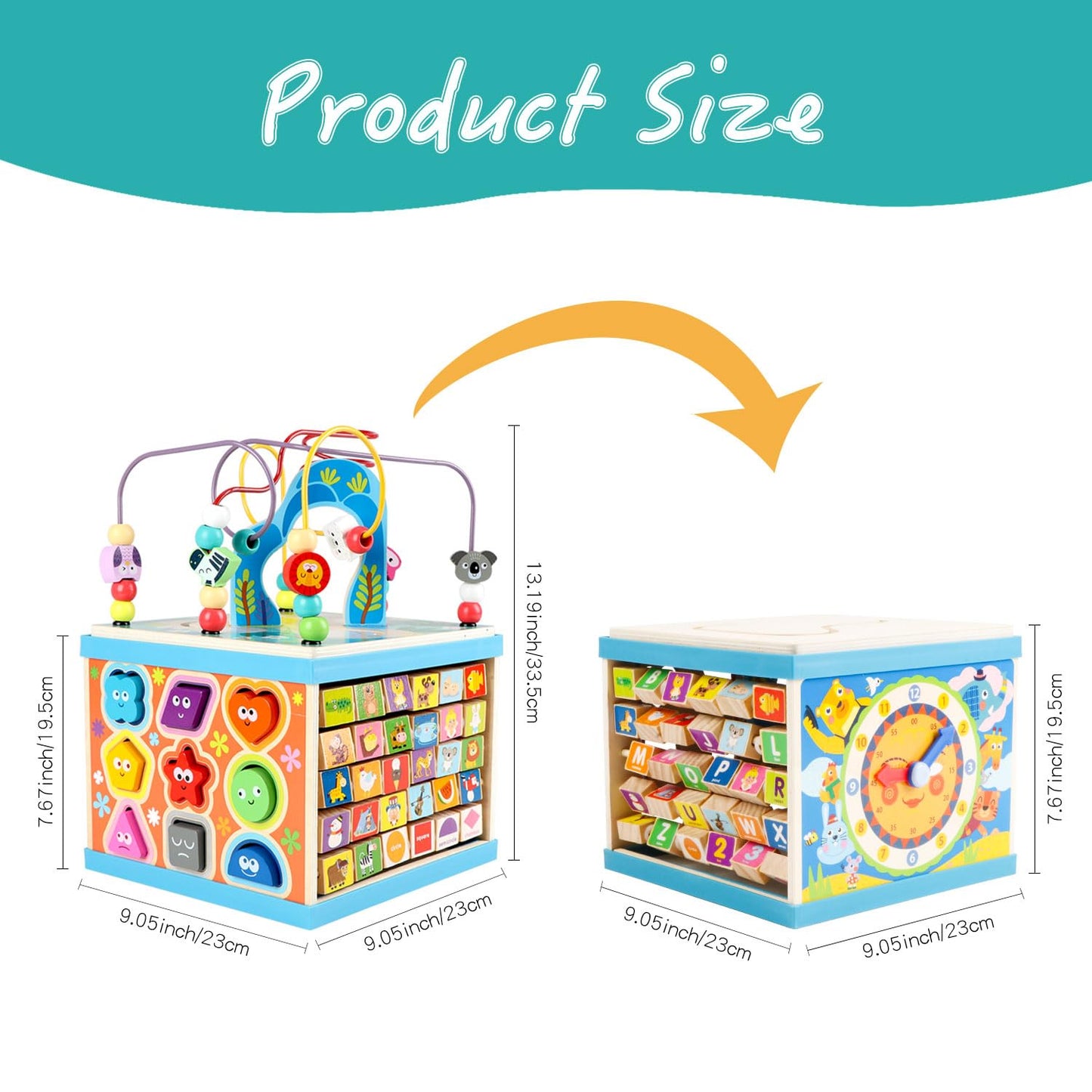 Qilay Wooden Activity Cube for Toddlers, 5 in 1 Multipurpose ABC-123 Abacus Early Educational Montessori Toys, Learning Toys for 3 Year Old | Bead Maze, Great for Boys Girls