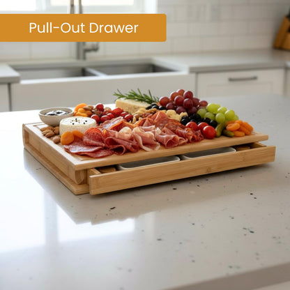 The Cheese Chapter | 100% Bamboo | Book-Inspired Charcuterie & Cheese Board | Hidden Slide-Out Drawer with Utensils & Plates | Statement Kitchen Display Piece