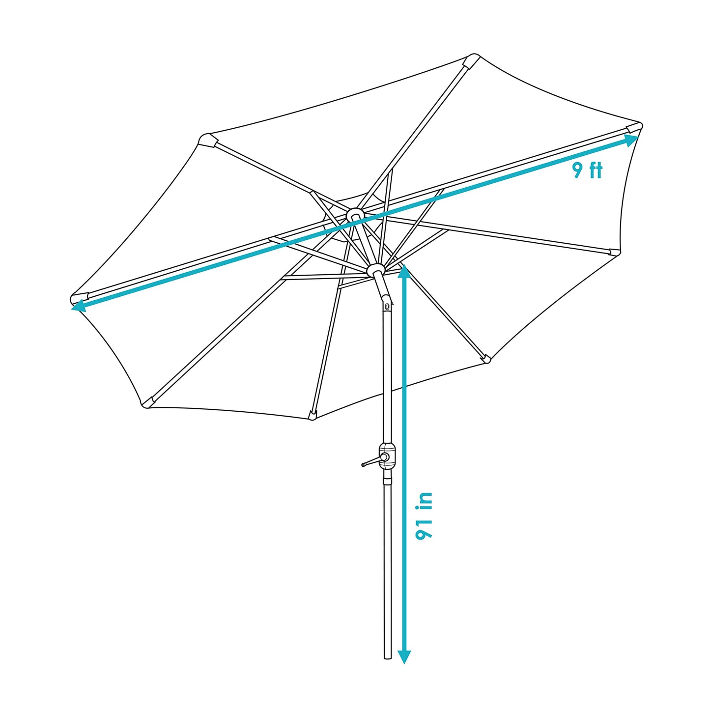 Sunnydaze Outdoor Patio Umbrella - Polyester Table Market Umbrella with Push-Button Tilt and Crank - 8 Sturdy Ribs - Awning Stripe - 9ft