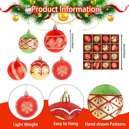 CAVETEE Christmas Ornaments,Glittering Shatterproof Traditional Country Hanging Decor for Xmas Holiday Party Christmas Tree Ornaments Party Decorations (16, Red&Green&Gold)