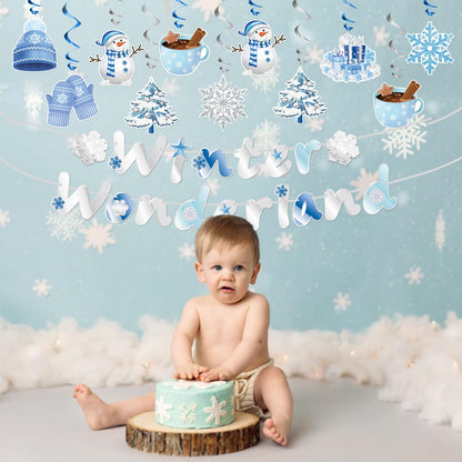 WEEPA 18 Pcs Winter Wonderland Decorations Snowman Snowflake Hanging Swirls Winter Party Banner Set Blue Silver Christmas Decorations