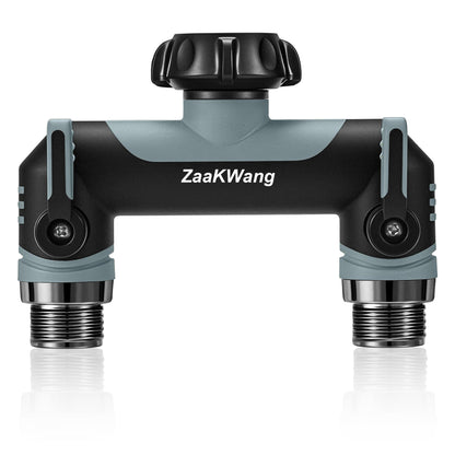 ZaakWang Garden Hose Splitter 2 Way, Heavy Duty Water Hose Spigot Bib Splitter, Outdoor Faucet Splitter with Shutoff Valve, T Adapter Connector with 3/4 - Inch GHT Thread (Grey)