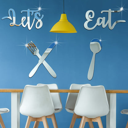 4 Pcs Let's Eat Sign Kitchen Wall Decor Acrylic 3D Mirror Wall Sticker Fork Spoon Knife Eat Sign Cutout Kitchen Decal Decoration Removable DIY for Restaurant Dining(Elegant Style)