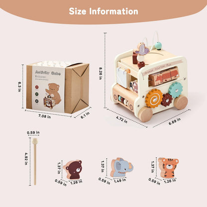 Etucdose Wooden Activity Cube 8-in-1 Montessori Toys | Multifunctional Early Educational Learning Toys | Wooden Toy for Baby Shape Sorter Xylophone Animal Travel Bus Boy Girl Birthday Gift（Beige Bus）