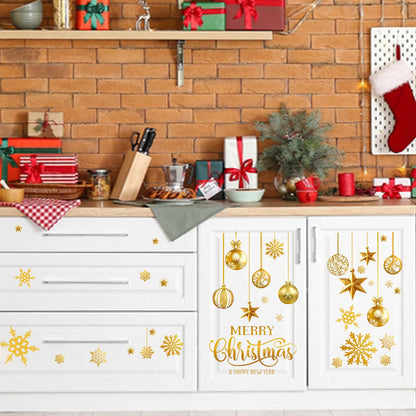 Mfault Merry Christmas Golden Ornament Balls Wall Decals Stickers, Gold Xmas Happy New Year Snowflakes Stars Decorations Bedroom Art, Winter Holiday Home Kitchen Decor