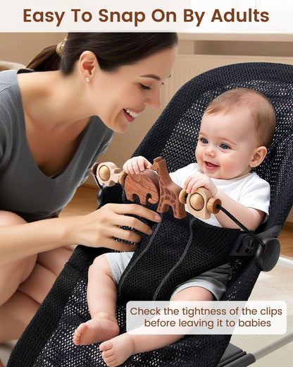 TinlyFinly Baby Bouncer Toy Bar Wooden Compatible with Baby Bjorn, Bouncer Toy Attachment Tight and Secure Fit, So Fun to Watch, Touch and Spin for Babies All Ages - Animals