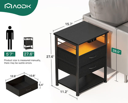 AODK Nightstand with Charging Station & LED Lights, 27.6" Tall Bedside Table with 4-Tier Storage, 2 Fabric Drawers & 2 Open Shelves, Space-Saving End Table for Bedroom, Black