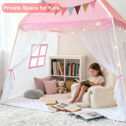 Kids Play Tent Indoor Teepee: Princess Castle Reading Nook with Mat Lights Carry Bag Mesh Windows Quick Setup for Bedroom Playroom Girls Ages 3-12 - 59x39x59 in