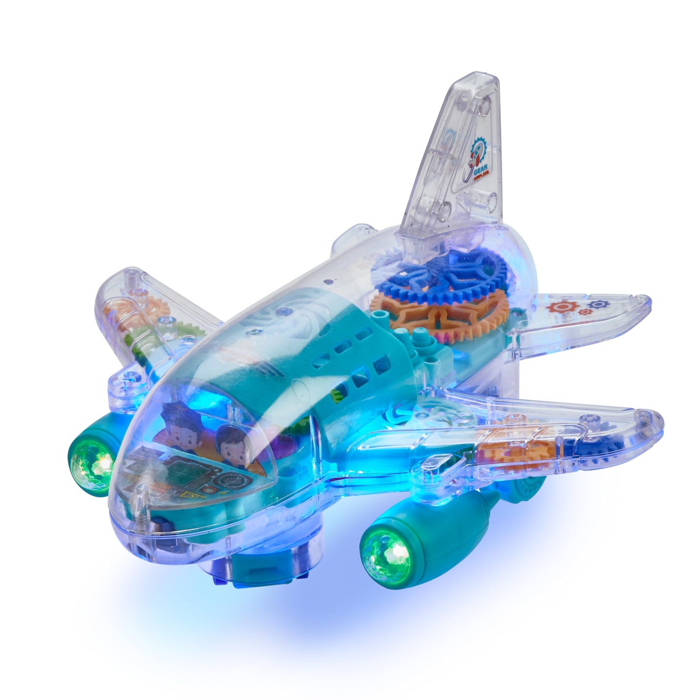 Playbees Light Up Transparent Gear Airplane Kids Bump and Go Autism Toys Colorful Moving Gears with Music and LED Effects Toddler Boy Toys Ages 3+