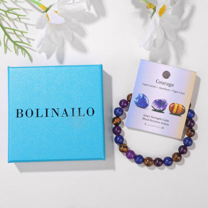 Bolinailo Healing Crystal Courage Bracelet 8mm Crystal Beaded Bracelet for Women Men Natural Stones of Lapis Lazuli, Amethyst and Tiger Eye Handmade Gemstone Reiki Spiritual Jewelry Gifts