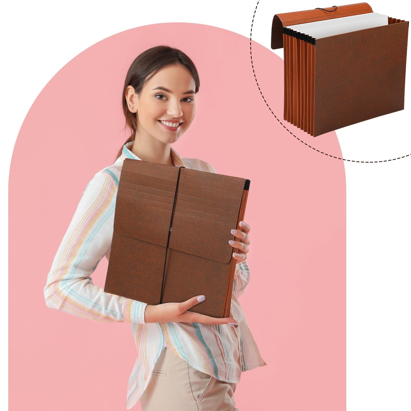 PerKoop 10 Pcs Expanding File Folder with Flap 7 Inch Expansion Expanding File Wallet with Elastic Cord Closure Letter Size Heavy Duty Document Organizer, 10 Slots, Brown