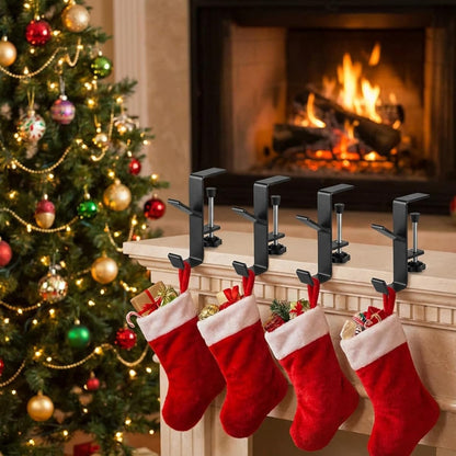 Stocking Holders for Mantle，Garland Hangers for Mantle，Fireplace Stocking and Garland Hanger，4pcs 2-in-1 Adjustable Non Drilled Wall Stove Hook for Christmas Day Home Decoration Metal (Black)