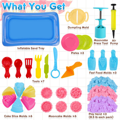 Crelloci Cake Play Sand Toys, Sensory Bin with 3 Colors Sand, Inflatable Sandbox & Air Pump, 12 Cake & 5 Shaped Molds, Tools, Art Kit Gift for Kids Toddlers Girls Boys Ages 3 4 5 6 7 8 9 Years Old