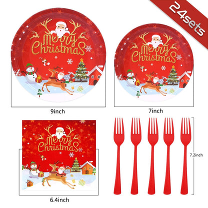 LOOWVY Christmas Paper Plates and Napkins Set, Christmas Plates Cups Napkins Forks Tablewares Party Supplies Serve 24