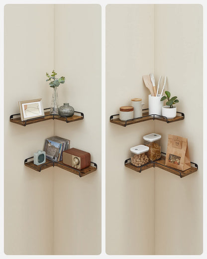 VASAGLE Corner Shelf Wall Mount Set of 2, Floating Shelves, Small Wall Shelf for Decor Storage, for Living Room Bedroom Kitchen Bathroom, Rustic Brown and Black ULLS831B01