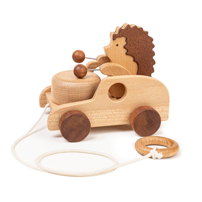 DadCarved Hedgehog Pull-Along Toy | Musical Wooden Pull Toy with Wooden Grip Ring | Natural Drumming Sound for Toddlers 1.5+ Years