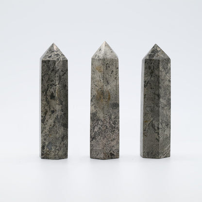 Angelstones Natural Pyrite Gemstone Healing Crystal Hexagonal Pointed Reiki Chakra Faceted Prism Wand Carved Stone Figurine Home Decor