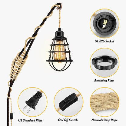 LYOOWNG Plug in Pendant Light Cord, Farmhouse Hanging Lights with Plug in Cord, 15FT Hemp Rope Plugin Hanging Light Cord Kit with On/Off Switch, E26 E27 Light SocketCord, Bulb NOT Included