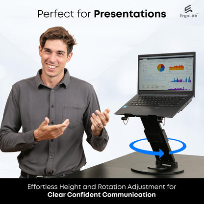 ErgoLith 3-in-1 Adjustable Laptop Stand, Book Stand, and Phone Holder - 360° Rotating Display for All Laptops - 2–21" Height for Ergonomics - Office Desk Accessories - Stylish - Patented - Sky Black
