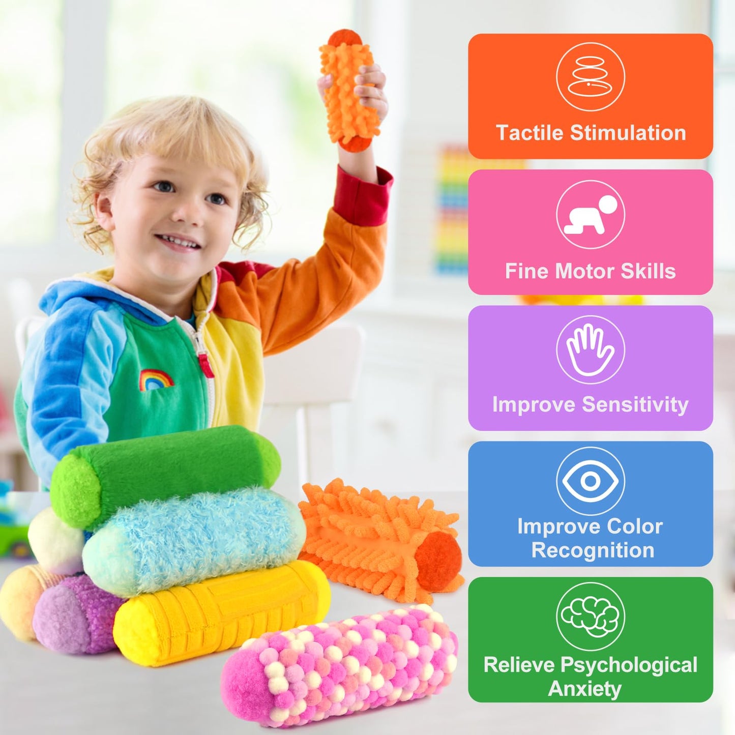 Bouiexye 8 PCS Sensory Toys Assorted Textured Exercise Sensory Bar Toys for Kids Baby Classroom Preschoolers Kindergarten Autism Educational