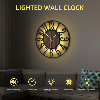LEIKE Large Wall Clock 20'' Lighted Rustic Wood Clock with Remote Timer, Silent Battery Operated Modern Oversized Wall Clock for Living Room, Bedroom, Farmhouse, Home Decor, Large Number Display