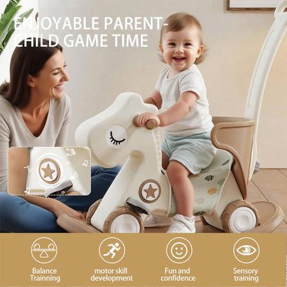 Deer COCO 4 in 1 Rocking Horse for Toddlers 1-3, Baby Ride On Toys with Balance Board & Push Handle, Convertible Push Car, Birthday Gift for 1 Year Old Boys Girls (Tan)