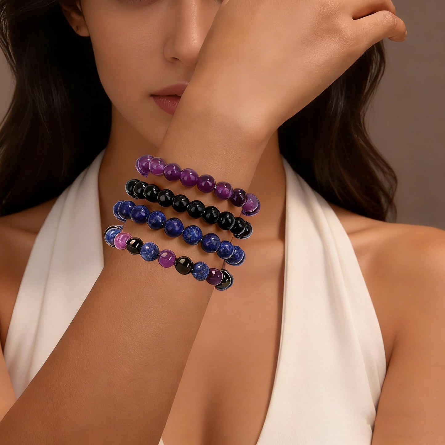 Naupyal 4pcs Natural Stone Beaded Bracelets for Women Men,Healing Crystal Gemstones Stretch Bracelet,8mm Amethyst Lapis Lazuli Black Obsidian Bracelet Gemstone Stress Relief Spiritual Jewelry Gifts