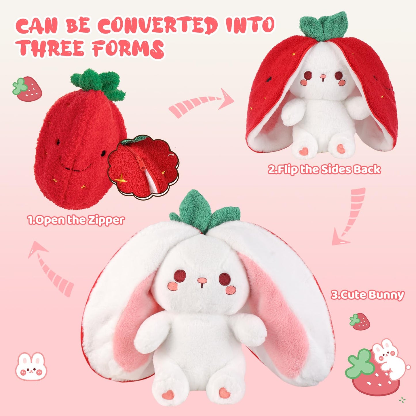 Emoin Bunny Stuffed Animal Reversible Cuddle Strawberry Bunny Plush Transformed Rabbit Toy Plush with Zipper Easter Bunny Plushies Gifts for Baby Boys Girls-7Inch