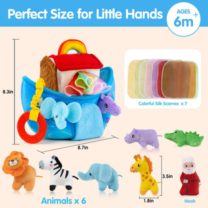 Baby Toys 6-12 Months - Noah's Ark Toy with Stuffed Animals, Baptism Gifts for Boys Girls, Montessori Toys for 6 Month Old Babies Sensory Tissue Box Toy for 1 Year Old