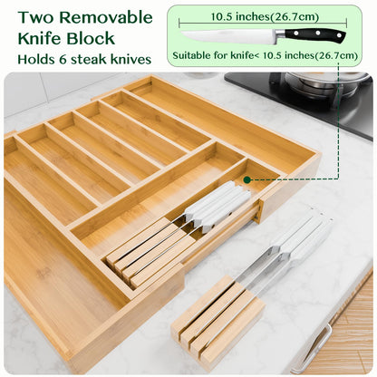 Dunruz Bamboo Expandable Drawer Organizer for Kitchen Utensils, Adjustable Silverware Tray with 9 Deep Slots for Large Spoons & Knives, Natural Wood Flatware Caddy for Cutlery Storage (Fits 13"-20")