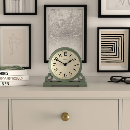 JONES CLOCKS® Saloon Mantel Clock | Small Traditional Double Scroll Design | Green | Contemporary Classic Style for Desk, Table, Shelf or Bedside