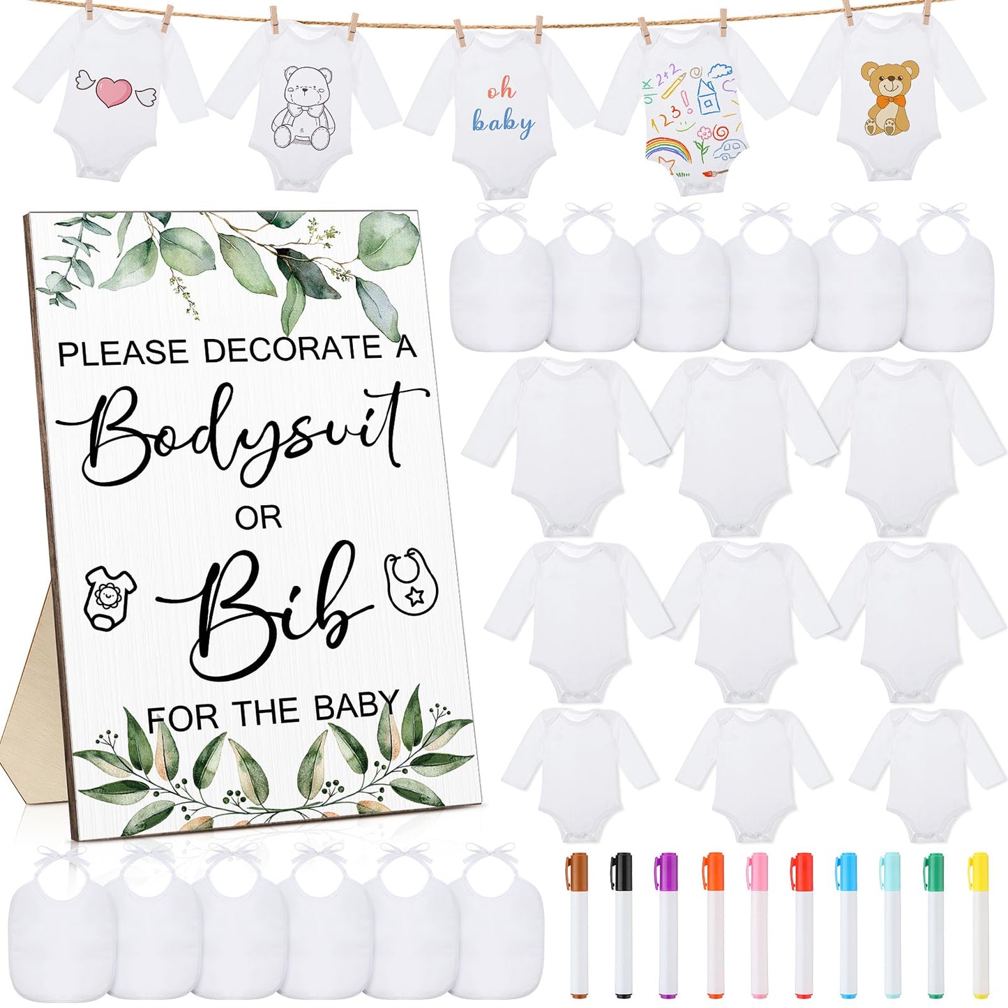 Hoosige 43 Pcs Baby Shower Games White Bodysuit Decorating Kit Bibs Design Games Prizes, Include Wooden Game Sign with 15 Blank White Bibs 15 Bodysuit 12 Marker for Shower