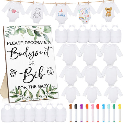 Hoosige 43 Pcs Baby Shower Games White Bodysuit Decorating Kit Bibs Design Games Prizes, Include Wooden Game Sign with 15 Blank White Bibs 15 Bodysuit 12 Marker for Shower